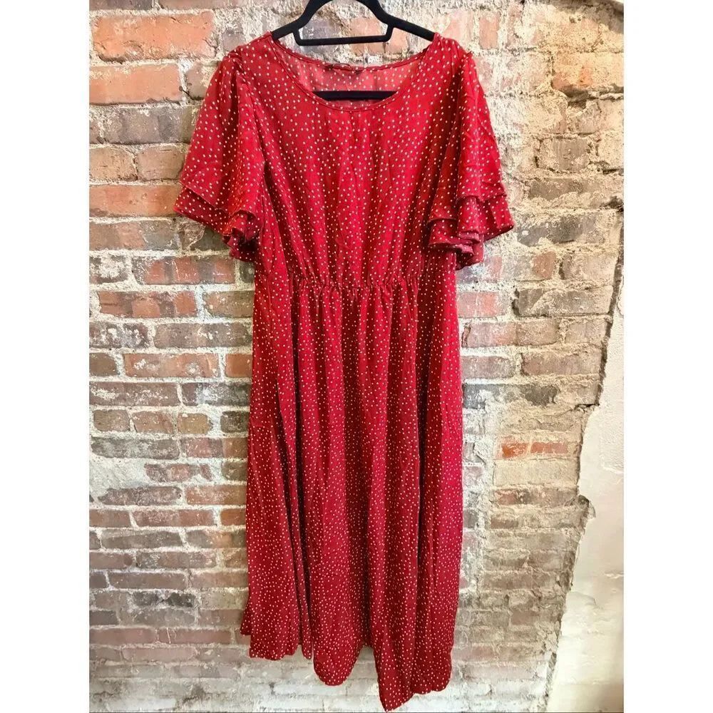 BLOOMCHIC - Made For Curves • Red Polkadot Ruffle Short Sleeve Long Dress • Ladi